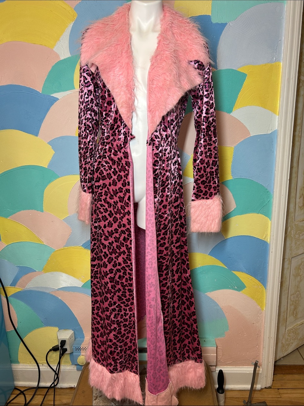 California Costume Collection Pink Velvet Leopard Maxi Coat with Faux Fur Trim